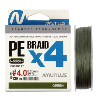 Шнур Nautilus Braid X4 Green d-0.18 13.2кг 2.0PE 135м Шнур Nautilus Braid X4 Green d-0.18 13.2кг 2.0PE 135м