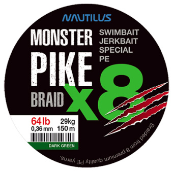 ШНУР NAUTILUS MONSTER PIKE BRAID X8 DARK GREEN D-0.38 34.3КГ 76LB 150М ШНУР NAUTILUS MONSTER PIKE BRAID X8 DARK GREEN D-0.38 34.3КГ 76LB 150М